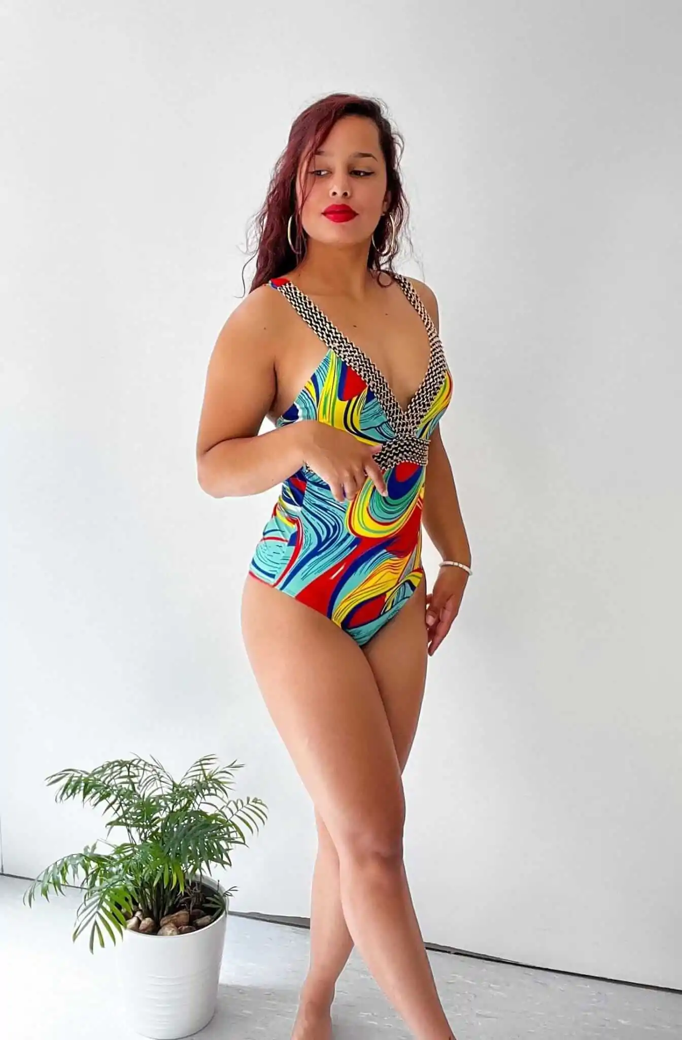 Maillot De Bain Cyan Multicolore À Col V