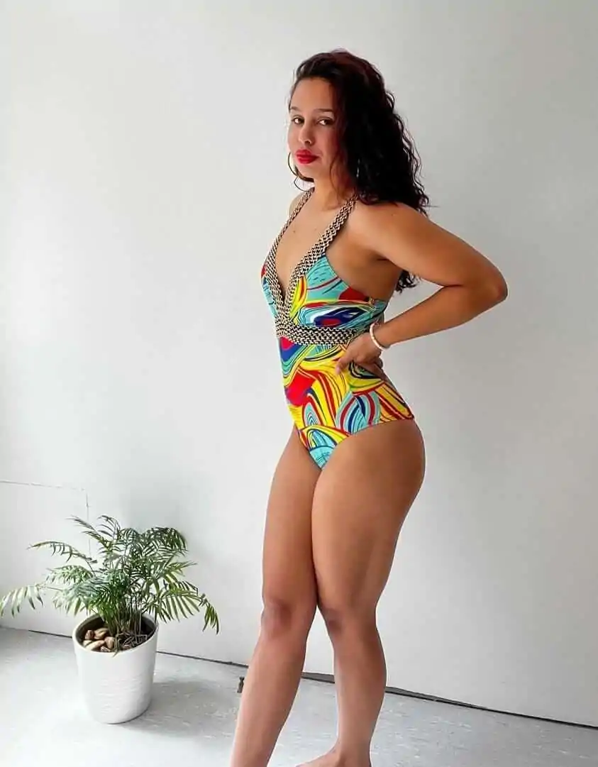 Maillot De Bain Cyan Multicolore À Col V